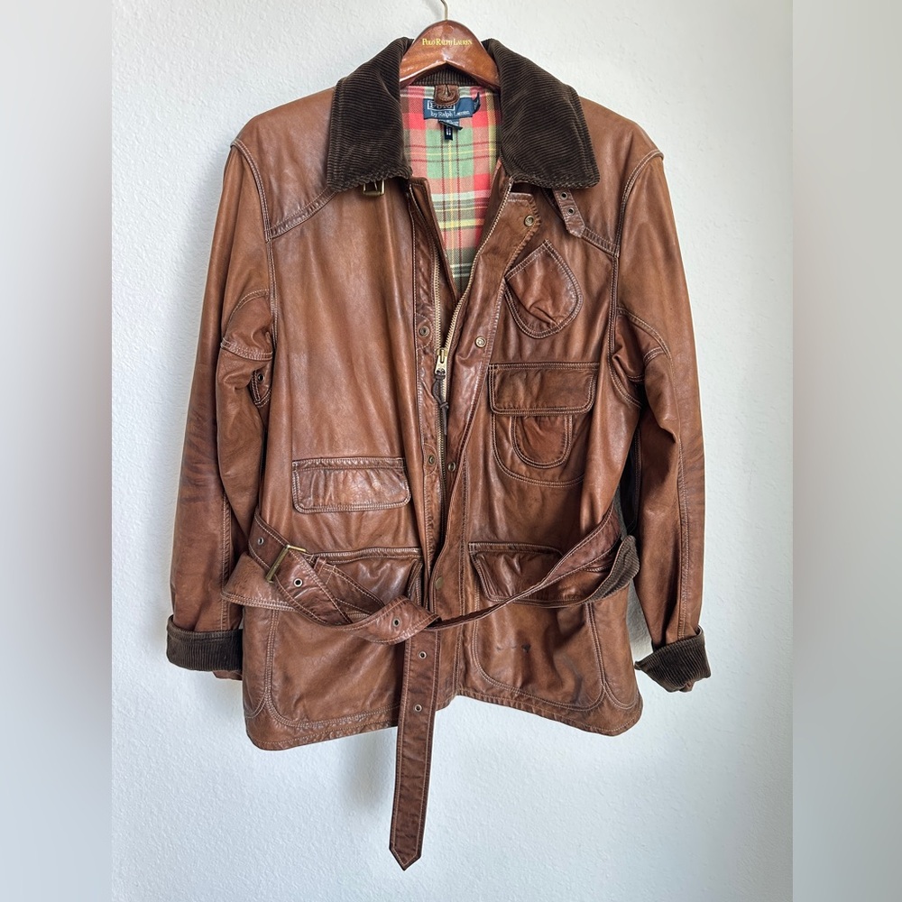 RARE Vintage Polo Ralph Lauren Brown Leather Jacket Biker Chore jacket hybrid XL - Picture 17 of 17